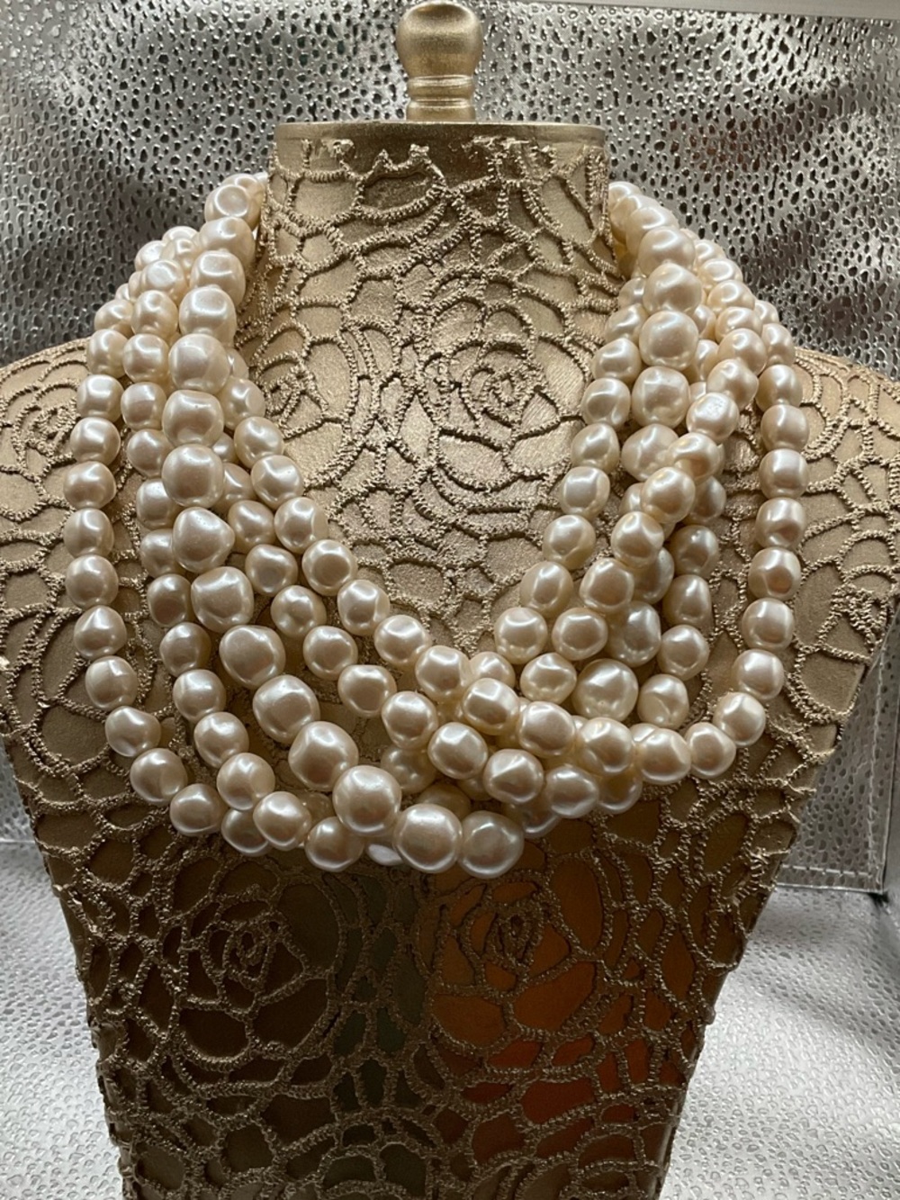 Multi-Strand Cream Pearl Statement Necklace with Gold Accent - Picture 2 of 4
